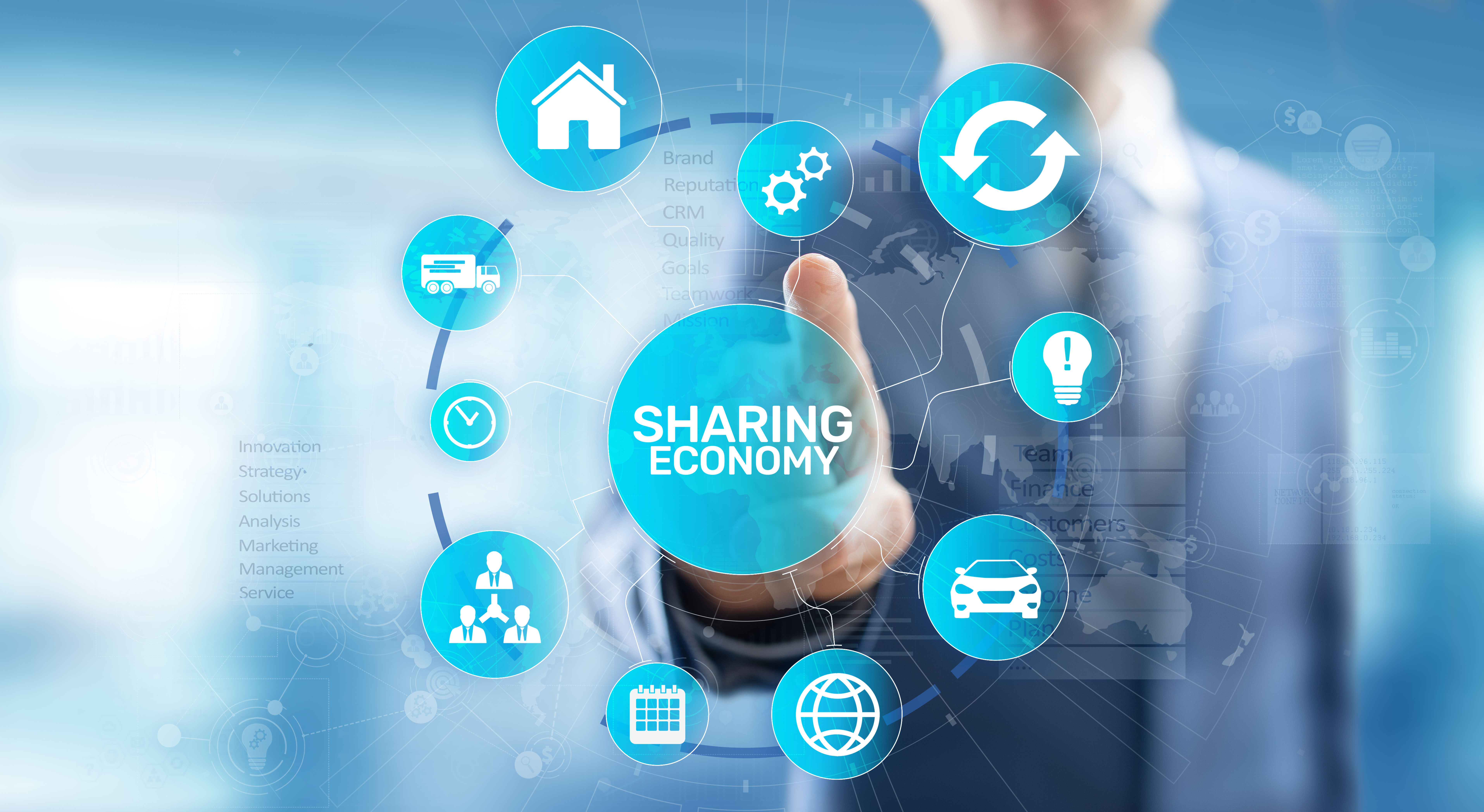 Sharing economy, innovation and future business technology concept on virtual screen.