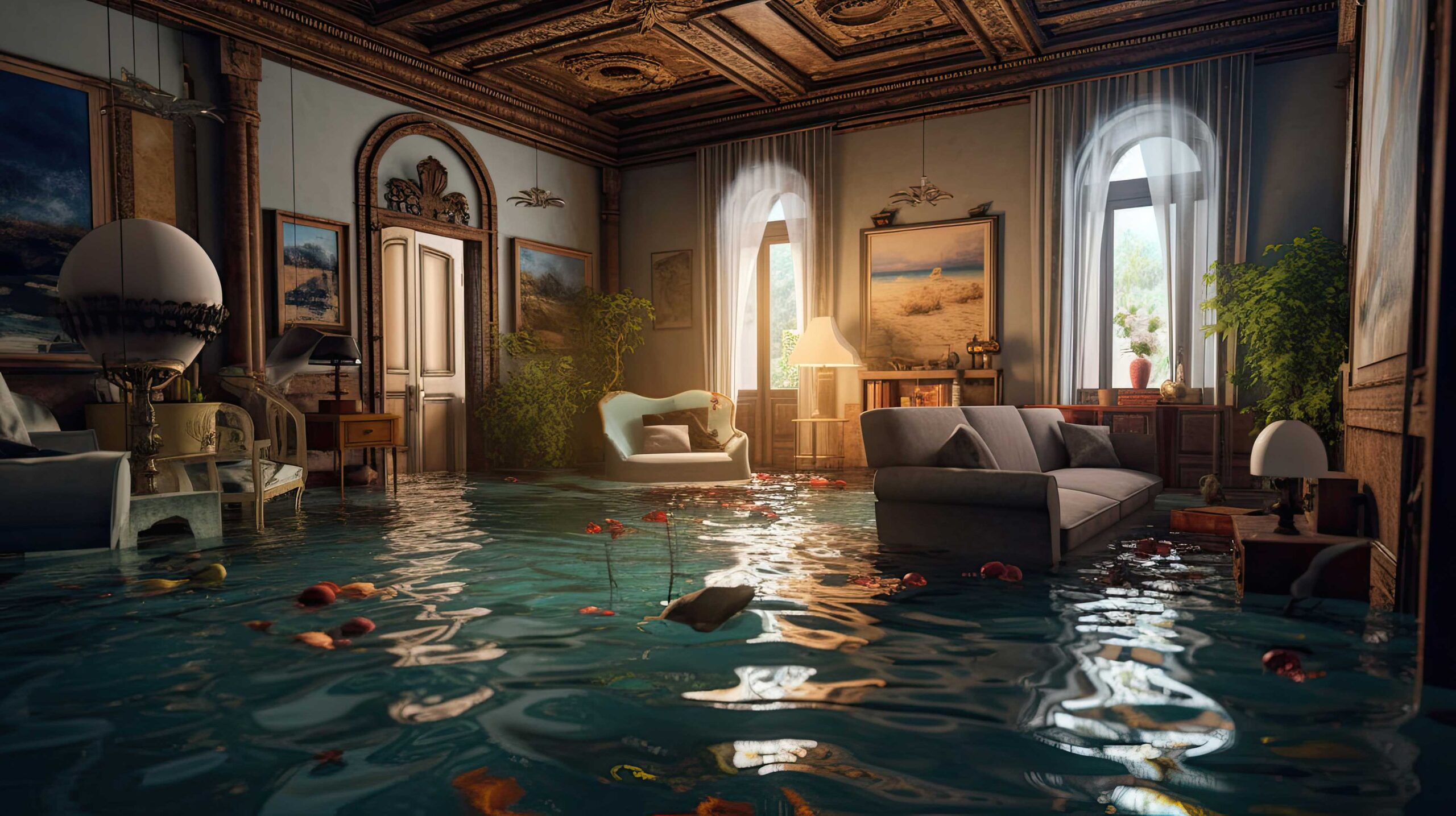 Water in the living room of a nice house